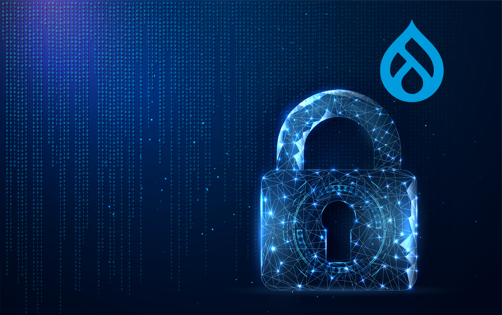 A digitized padlock with a Drupal logo on blue background