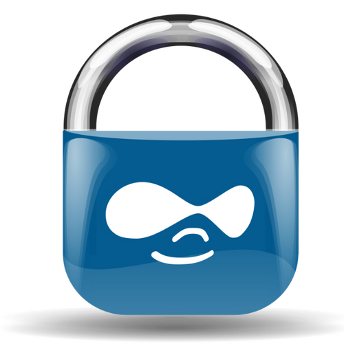 Image of a padlock with the drupal drop face superimposed on it.