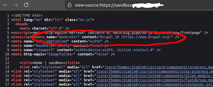 Image showing META tags in a Drupal website with the Generator META tag circled