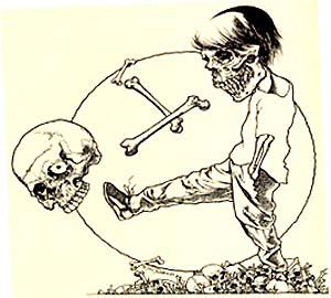 Pushead original drawing for Zorlac skateboards of skull boy